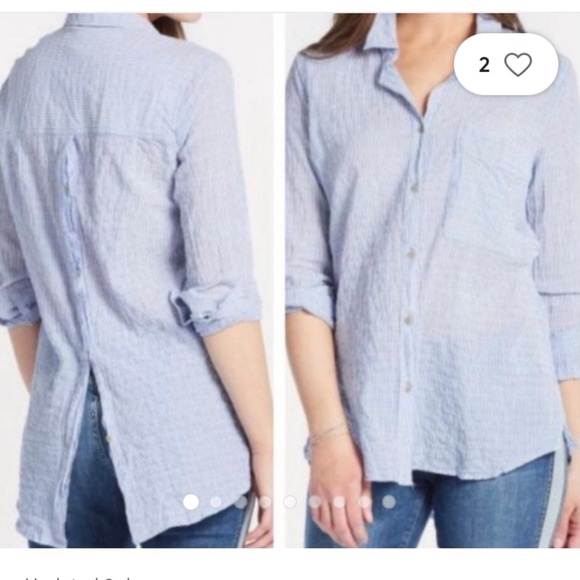 Free People blue white stripe button down split back cotton long sleeve shirt - Picture 2 of 16